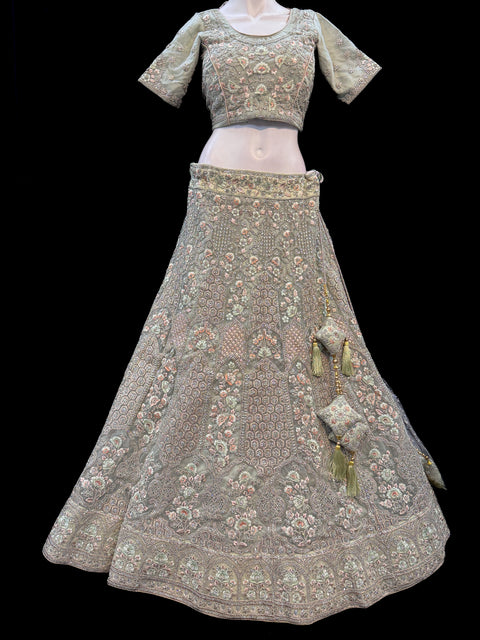 (Video clip attached) SIZE 40 (UPTO 44) Pastel Mint colour heavy embroidery with stone work fully heavy flared beautiful designer Readymade lehnga with very heavy embroidered dupatta
