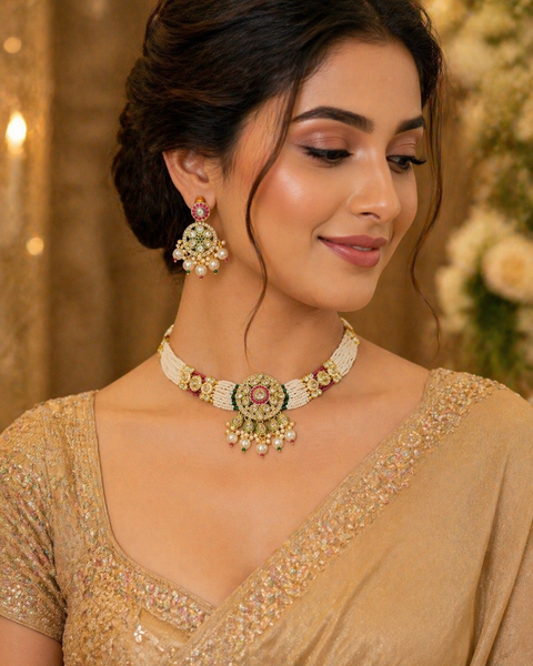 Elegant pearl choker set featuring intricate gold detailing and a statement original kundan-style centerpiece, paired with matching earrings for a timeless look.Perfect blend of tradition and sophistication