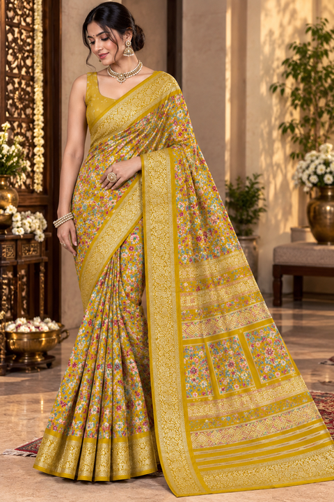 Soft Georgette Printed Saree – Lightweight and flowy with elegant all-over print and border. Matching blouse piece attached; model blouse is for reference only. Slight variation in colour/design is possible.