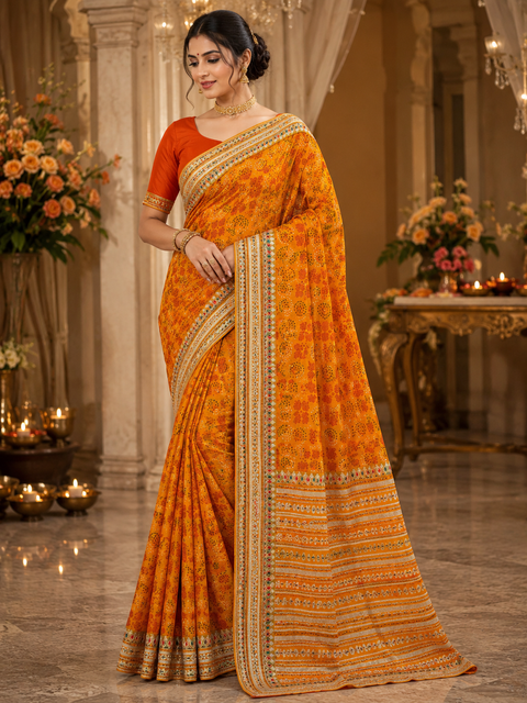 Bandhani print Beautiful Saree with embroidery and stone work border and beautiful design on Pallu(Model blouse is for reference only; blouse fabric comes with the saree. Slight color and design variations may occur