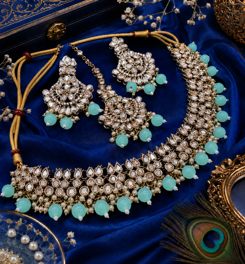 Original Polki stone with pearls beaded work beautiful necklace with earrings and tikka set