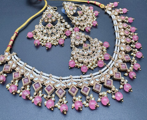Original Polki stone with pearls beaded work beautiful necklace with jhumka and tikka set
