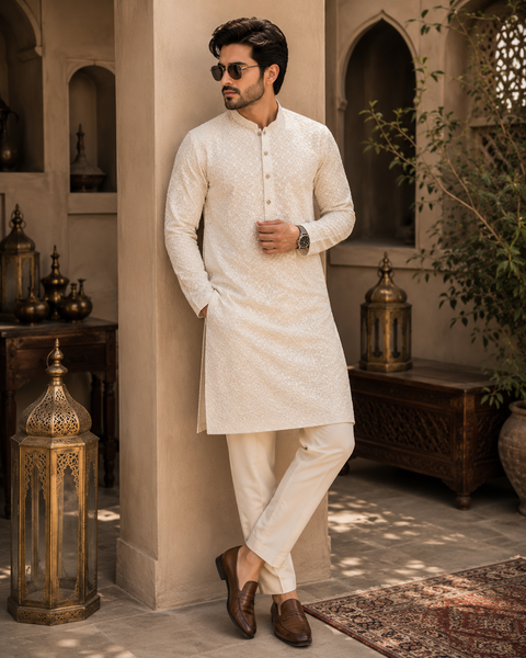 Pure and Soft georgette based Heavy embroidery work designer Kurta with white Pajama (slight variation in color & design is possible)