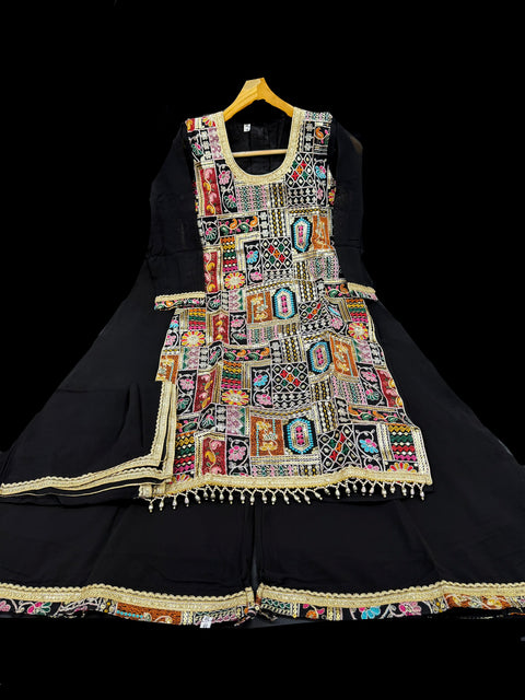 Black color Pure and soft georgette based multicoloured embroidery work girls flared plazo suit with dupatta