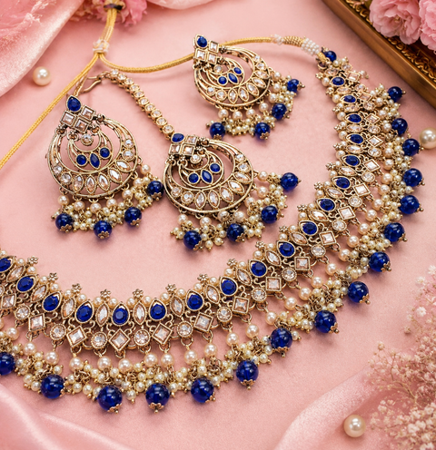 Original Polki stone with pearls beaded work beautiful necklace with earrings and tikka set