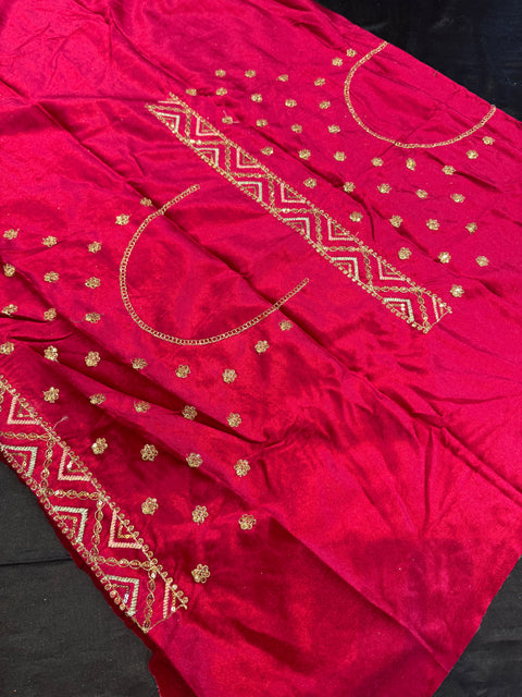 Velvet based embroidery work multiflared beautiful lehnga with embroidery work design in blouse and peachy pink embroidery dupatta (Unstitched Lehnga)