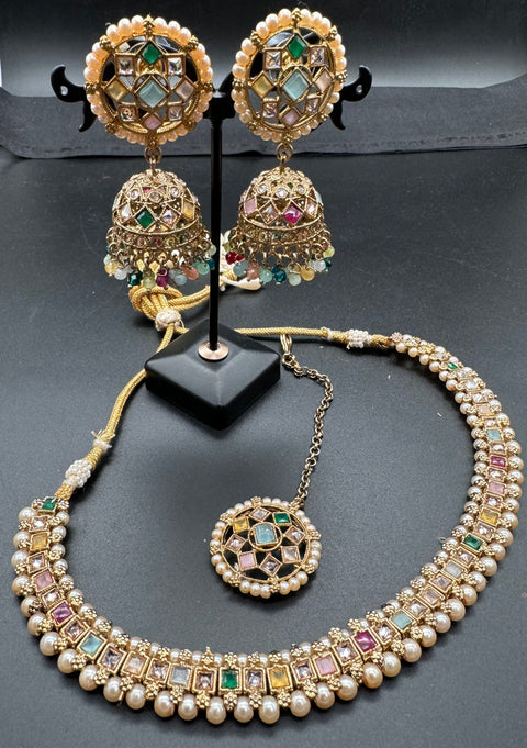 Kundan And Pearls Work Beautiful Necklace Set With Jhumka & Tikka