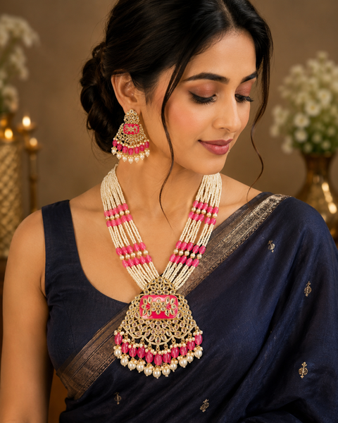 Pearls work with kundan stone & Meenakari work beautiful Rani haar /long necklace set with beautiful Earrings(slight variation in color and design is possible )