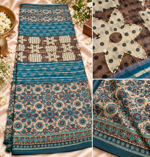 Elegant Chanderi cotton silk saree featuring delicate dotted prints, a beautifully detailed floral pallu and traditional printed border. Lightweight, graceful and perfect for festive or elegant day wear.