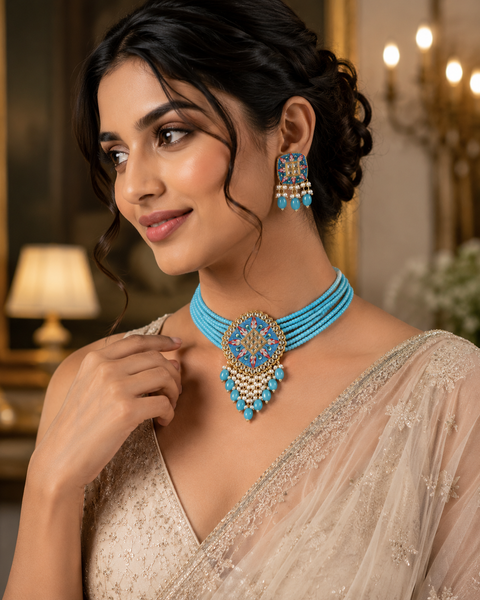Beautiful Meenakari work with Kundan stone choker Set With Elegant Pearl Detailing (Slight Variation In Color, Design, And Finishing May Occur
