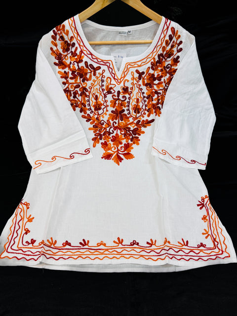 Embroidered Lucknow Chikankari White pure Cotton Short Kurti Top Tunic for Women