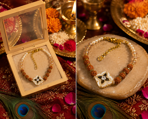 Premium Rudraksha bracelet-style Rakhi with elegant crystal and pearl detailing, beautifully packed in a luxury gift box for your beloved brother