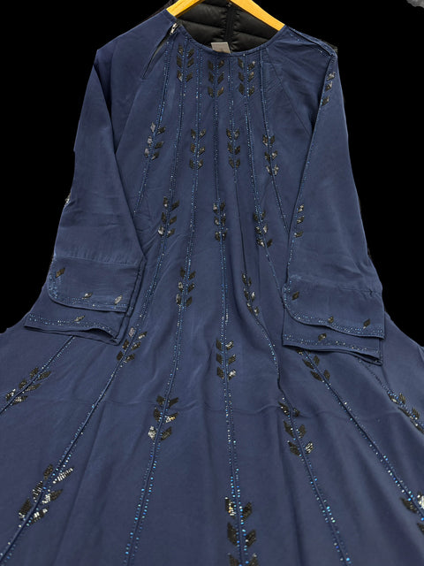 Dark Blue color Beautiful and very Soft georgette Lycra based handwork Abaya (Chest 46-48 inches and length approximately 56 inches) with Hijaab (scarf)