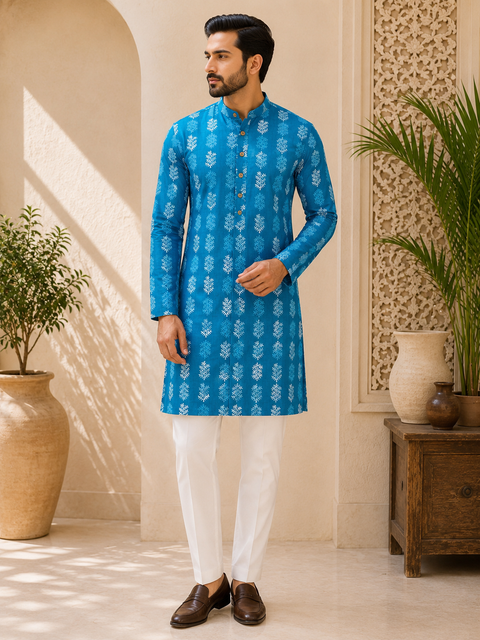 Pure cotton based Men’s Printed kurti (sizes mentioned in inches ,not according to the label on Kurti)size 44 kurti- Length 40 inches and size 46-length 42 inches ) Kurti only. Pants not included.
