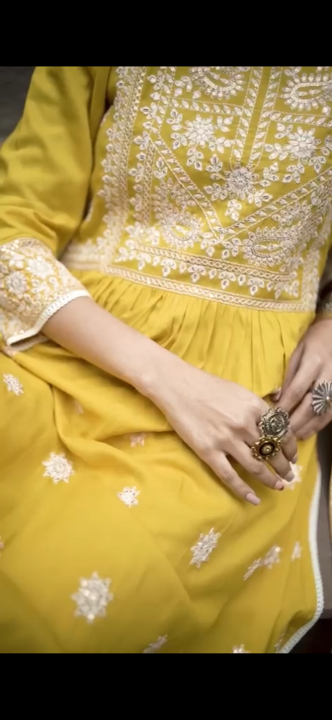 Pure & Soft Rayon Based Designer Lakhnavi Embroidered Kurti With Plazo Pants & Dupatta(Clip Attached to watch the design)