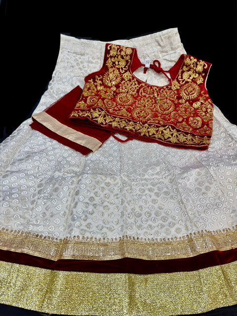 Maroon Colour Velvet Based Stone Work Blouse With Cream Colour Brocade Silk Based Lehnga