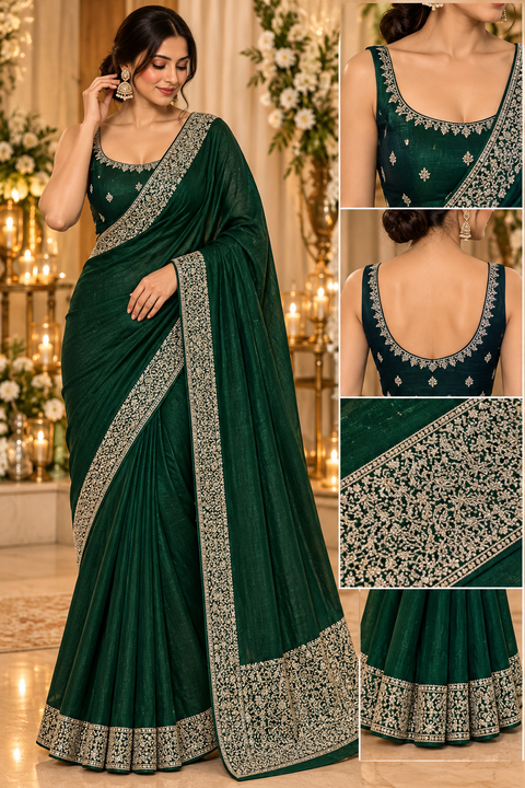 Soft-flowing fancy silk georgette saree with elegant embroidered borders, fine stone work and a heavy detailed pallu. Includes an attached embroidered blouse piece; model blouse is for reference only. Slight variation in colour/design possible.