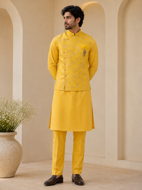 Yellow colour silk based kurta with pants  & brocade jacket (slight variation in color and design is possible)