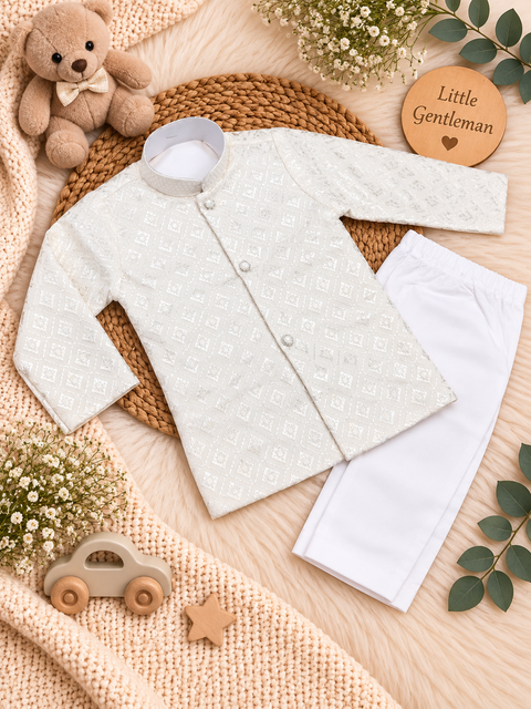Soft Rayon chikankri sequin based Newborn Kurta Pajama Set with soft inner lining, easy front-open kurta & matching elasticated pajama for comfortable wear.Kurta L 35 cm,Chest 25 cm,Sleeve24 cm,Pajama L 33 cm.Slight variation in colour & design may occur