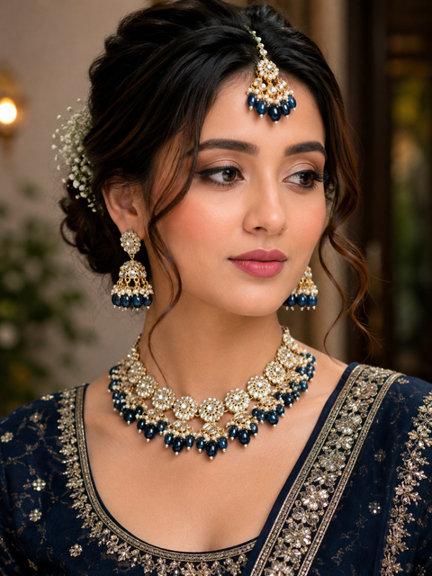 Kundan studded & pearls work designer heavy work Necklace set with beautiful Earrings & Tikka