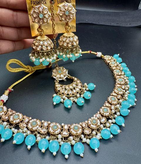 Original Polki stone with pearls beaded work beautiful necklace with jhumka and tikka set