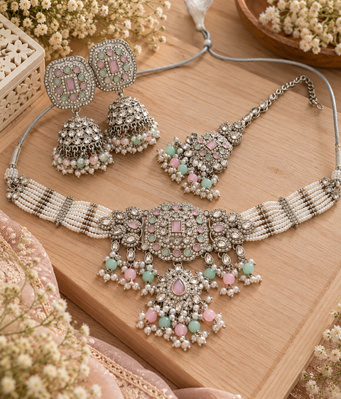Beautiful silver stones with pearls and colorful stones choker necklace & Jhumka with Tikka. Slight variations in colour and design are possible.