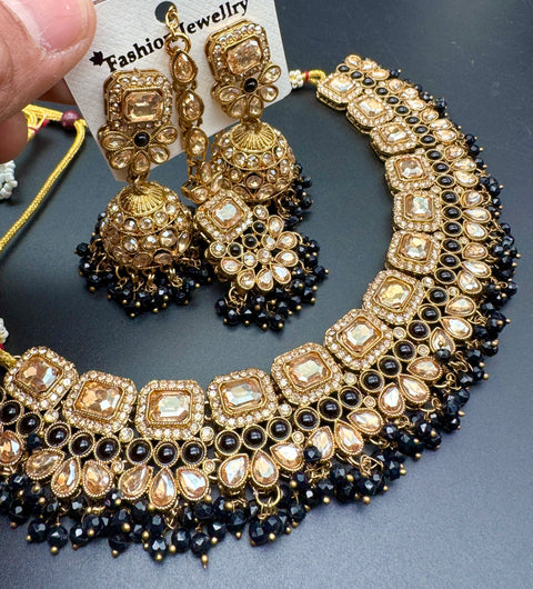 Polki stone with pearls beaded work beautiful necklace with jhumka and tikka set