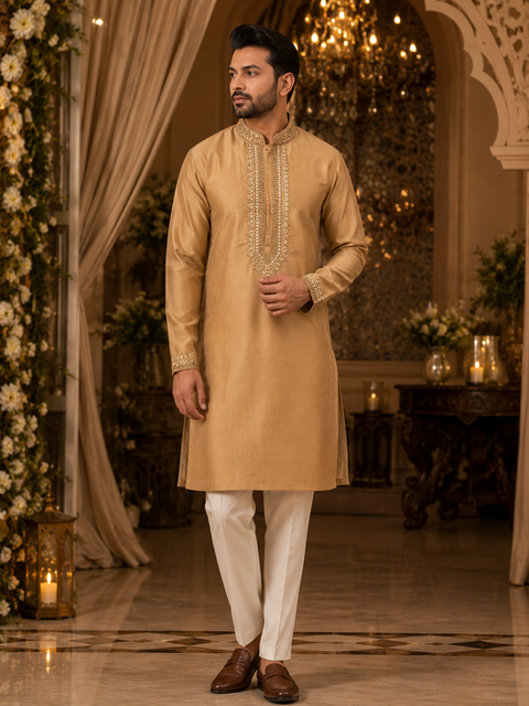 Brown colour cotton based kurta pajama (slight variation in color and design is possible)