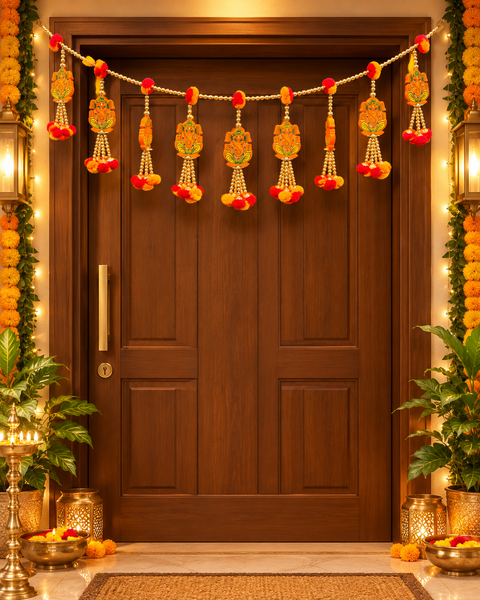 Ganesha design Festive Diwali Door Toran – Beautifully designed with colourful pom-poms, pearl detailing and elegant golden hanging accents. Slight variation in colour and design may occur