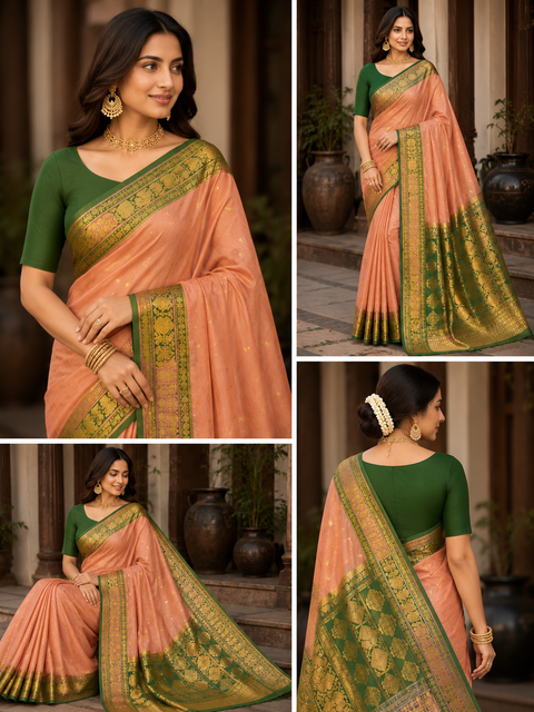 Premium Art Silk Saree Featuring Elegant Zari Weaving, Saree Comes With An Attached Blouse Piece. Model Blouse Is For Reference Only. Slight Variation In Colour And Design May Occur