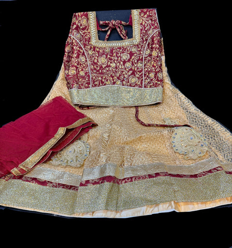 Brocade silk blouse with netting lehnga & netting dupatta