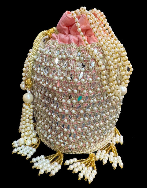Pearls and mirrors beaded with stones  work hand bag /potli bag