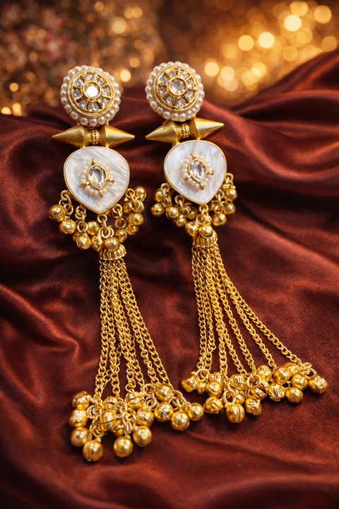 (Video clip attached )Lite Weight Trending Kashmiri Earrings /Elegant traditional jhumka earrings crafted with a high-quality alloy base, featuring intricate antique gold-look detailing, delicate pearl accents,Ghunghroo attached