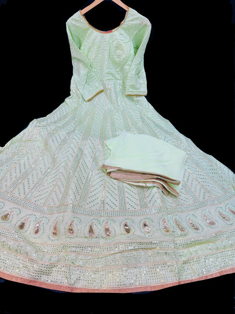 Georgette Based Lakhnavi Embroidery Work With Sequins Work All Over Lehnga And Crop Top Designer Blouse And Georgette Sequined Dupatta