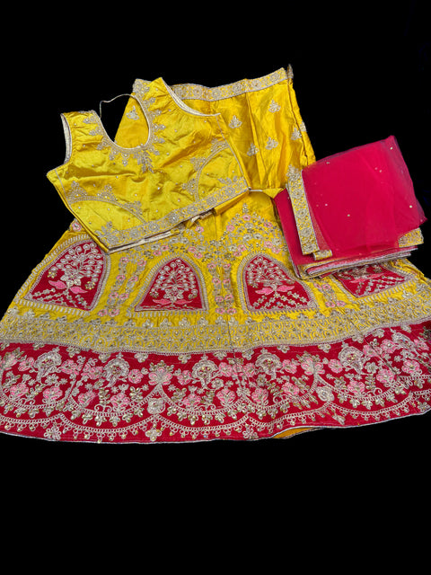 Yellow & Red color beautiful embroidery with pearls work beautiful lehnga with blouse & Contrast Dupatta