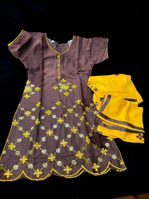Deep Brown & Mustard colour pure rayon based beautiful embroidery work very soft salwar suit with pure georgette dupatta for kids