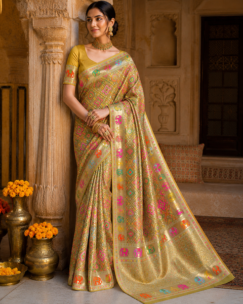 Elephant Peacock design Soft Banarasi Silk brocade saree with stone work and tessels attach on Pallu Model-Worn Blouse Is For Reference Only. Unstitched Blouse Piece Is Attached With Saree(Slight Variation In Color & Design Is Possible)