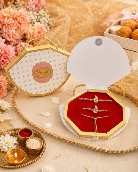 Beautiful Bhai-Bhabhi Rakhi Set featuring elegant stone work with delicate bead detailing and a stylish Bhabhi bracelet. Comes in a beautiful premium gift box, perfect for Raksha Bandhan.
