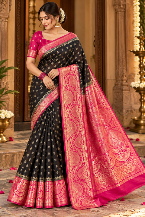 Soft & glossy crepe silk saree with a smooth, lightweight feel and beautifully flowy drape. Featuring rich woven zari floral motifs and an elegant detailed border .Blouse piece included. Slight variation in colour and design is possible.