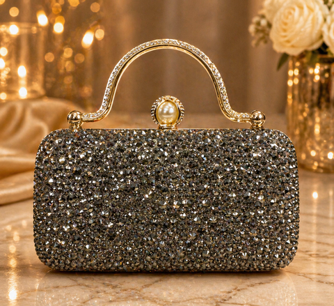 Crystals Handwork designer hand bag with handle to carry with chain inside the clutch (can be attached or detached)
