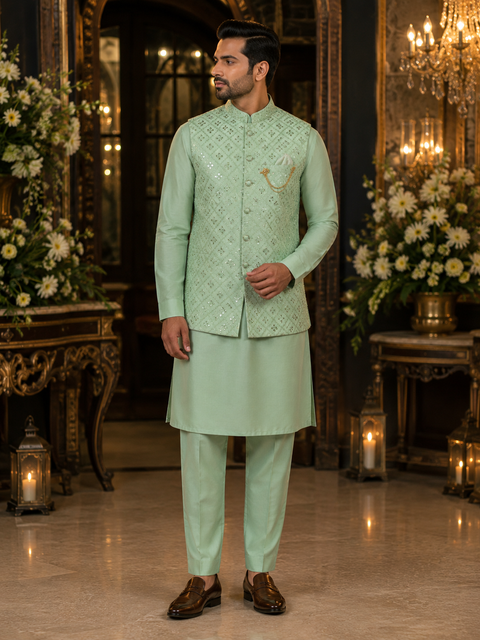 Mirror Work Jacket With Raw Silk Based Kurta & Pants (slight variation in color and design is possible )