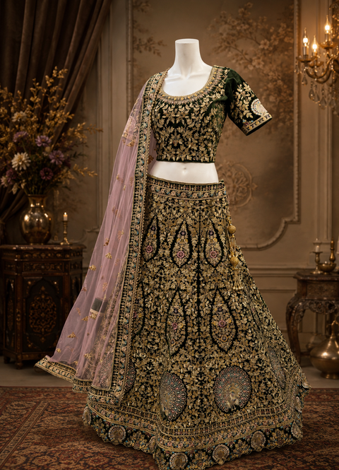 (Clip attached S-40(44))velvet based beautiful embroidery work with heavy squined & stones work heavy ken ken super Designer Bridal Lehnga with heavy tessels attached to blouse & Lehnga & heavy work dupatta(slight variation in color & design is possible)