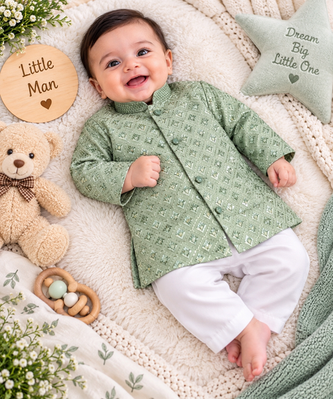 Soft Rayon chikankri sequin based Newborn Kurta Pajama Set with soft inner lining, easy front-open kurta & matching elasticated pajama for comfortable wear.Kurta L 35 cm,Chest 25 cm,Sleeve24 cm,Pajama L 33 cm.Slight variation in colour & design may occur