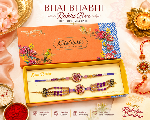 Beautiful Bhai-Bhabhi Rakhi Box featuring an elegant Rakhi and Lumba set with premium bead and stone detailing—perfect for celebrating Raksha Bandhan with love and tradition.