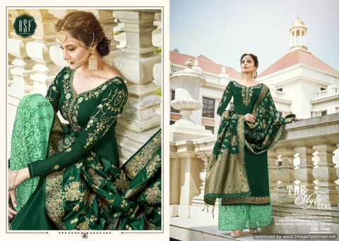 Dark & Lite Green colour crepe silk kameez with embroidery work on kameez & georgette based embroidery work plazo pants with Banarasi silk Dupatta