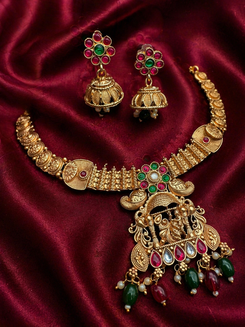 Krishna with peacock design gold look beautiful necklace with jhumka