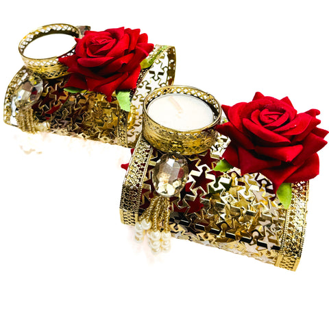 (Pair )Flower design Hard metal based with crystal stone work (candles attached ) Piece for Diwali Decoration