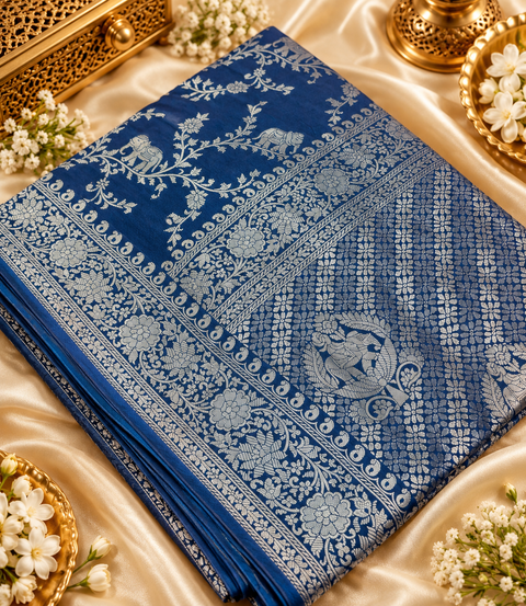 Luxuriously soft silk saree with a smooth, lightweight feel and beautifully flowy drape. Featuring rich woven zari floral motifs and an elegant detailed border .Blouse piece included. Slight variation in colour and design is possible.