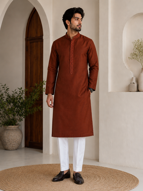 Plus size Pure cotton based Plain kurta with white pajama Set (slight variation in color and design is possible)