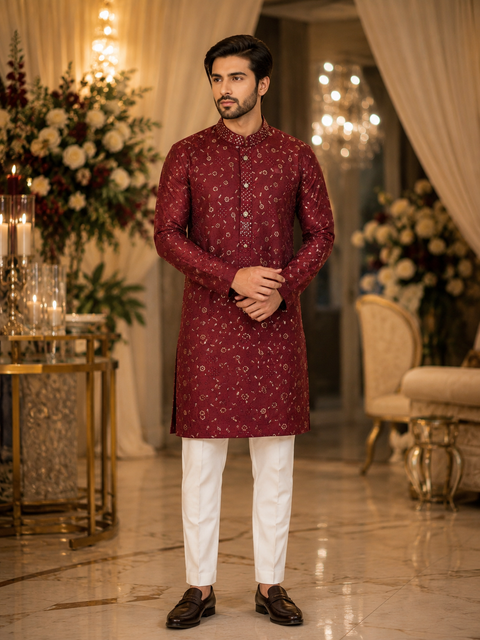 Maroon colour silk based all over embroidery &  sequins work mens kurta with Cream golden colour pajama pants (slight variation in color and design is possible )